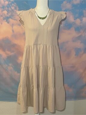 Casual and Sweet Tan & Tiered Midi Day Dress